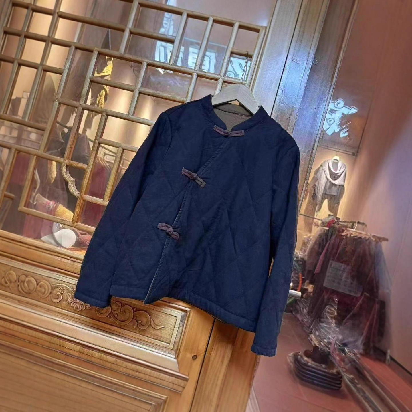 精品做旧纯色新中式棉服女冬新款斜对襟宽松保暖夹棉外套女