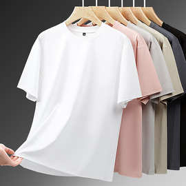 高端男士T恤夏季纯色百搭中青年休闲圆领抗菌凉感丝光棉短袖上衣t