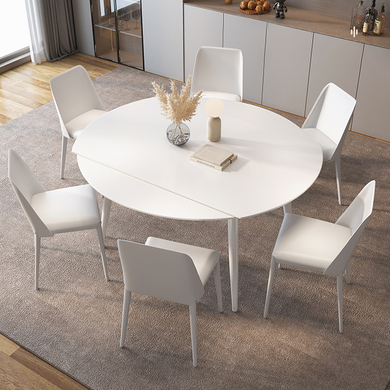Mezcla de mesa redonda de tabla de roca blanca pura con viento crema plegable telescópico para sala de estar doméstica pequeña mesa de comedor y silla