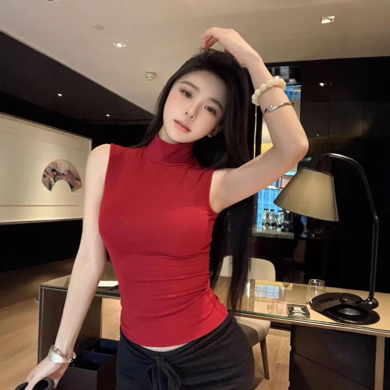 Hot Girl Red Half-High Collar Sleeveless Vest for Women, Summer Sexy Slim-Fit Base Layer Versatile Pullover Top