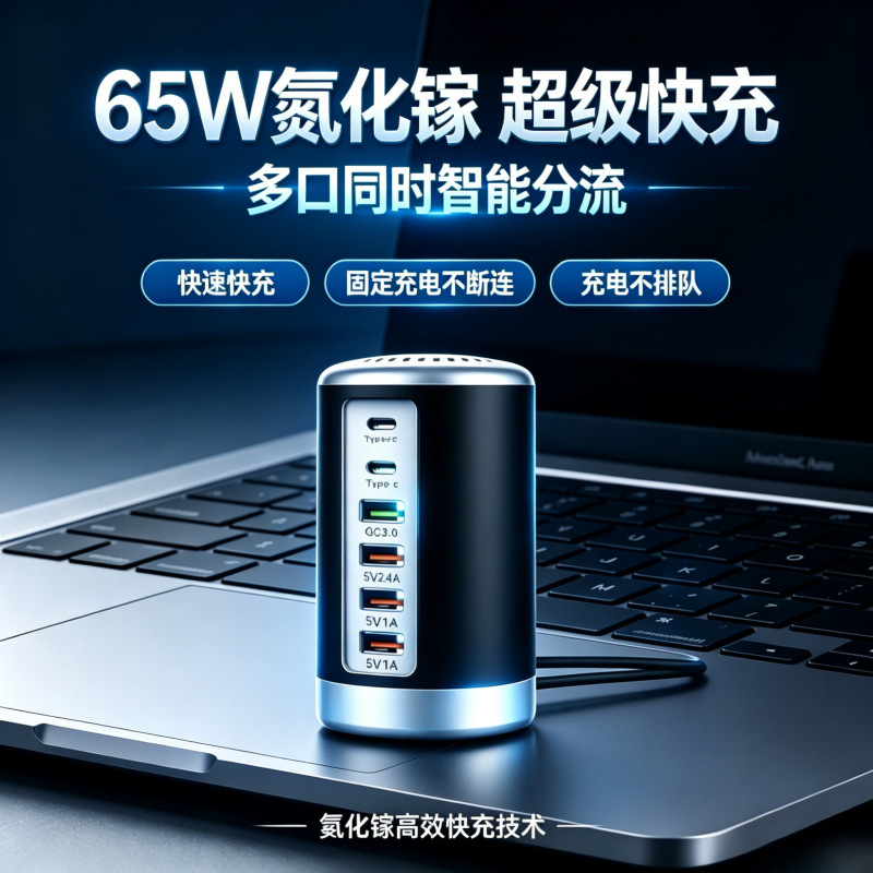 65W GaN multi-port charger, desktop PD fast charging adapter, simultaneous charging for mobile phones and laptops 65W GaN multi-port charger, desktop PD fast charging adapter, simultaneous charging for mobile phones and laptops