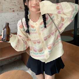 日系温柔风郁金香针织开衫女2025秋冬新款提花镂空宽松毛衣外套潮