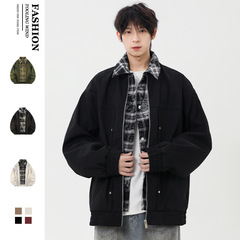 2025新款假两件夹克外套男春秋季格子衬衫领男生飞行员棒球服简约
