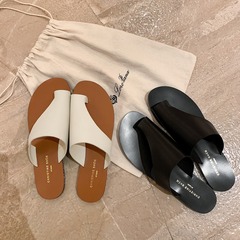 秒發！蘇茵茵同款鞋休閒慵懶鬆弛感真皮套趾平底拖鞋女涼拖夏