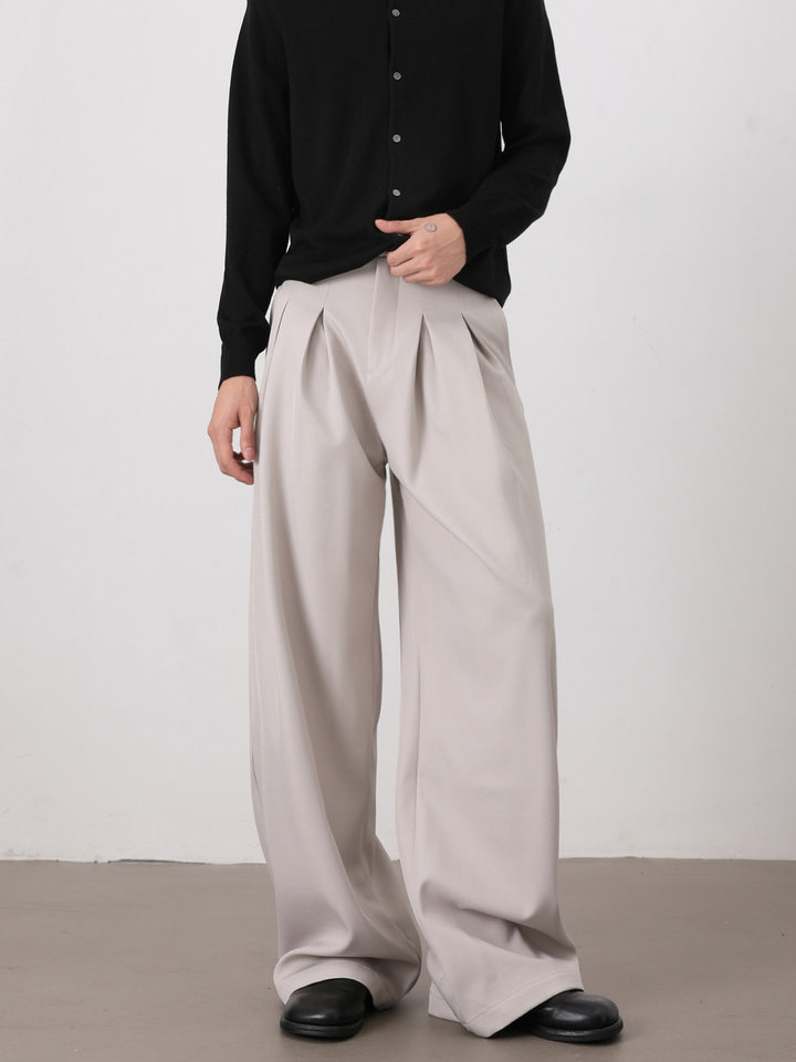Quần tây nam casual dáng rộng ống suông xếp ly đôi chữ A vải rủ — Màu xám nhạt, màu đen