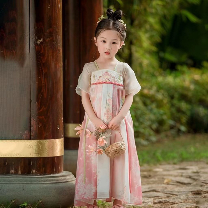 新款2025汉服春夏季儿童新款女孩短袖连衣裙古风超仙