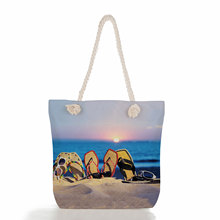 跨境风海星贝壳沙滩印花棉绳单肩包亚马逊女式粗绳沙滩手提包来图
