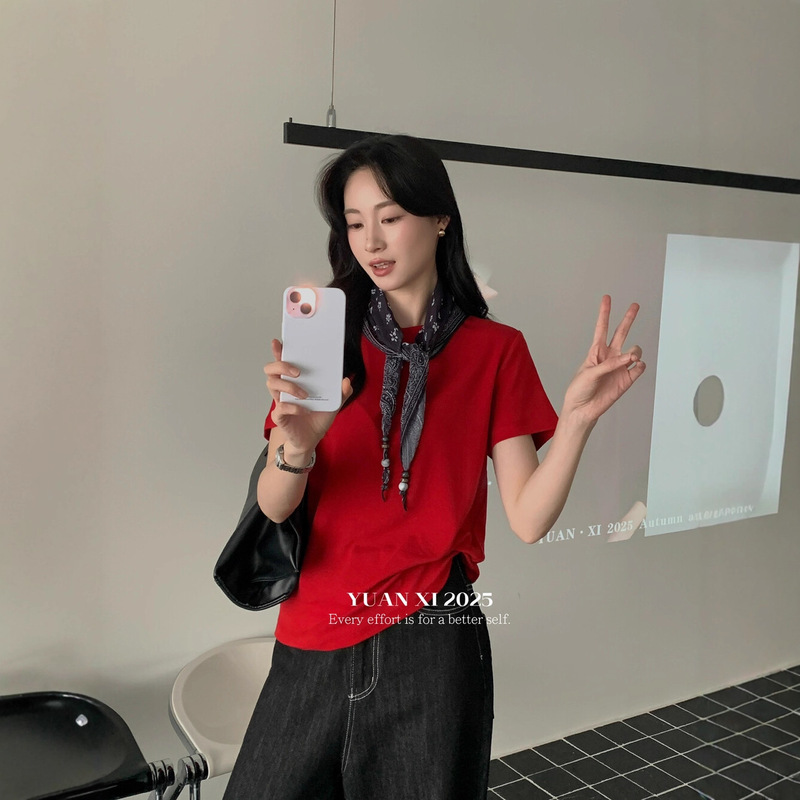 元熙6135纯色百搭知性简约休闲气质显瘦圆领套头短袖T恤配丝巾上|undefined