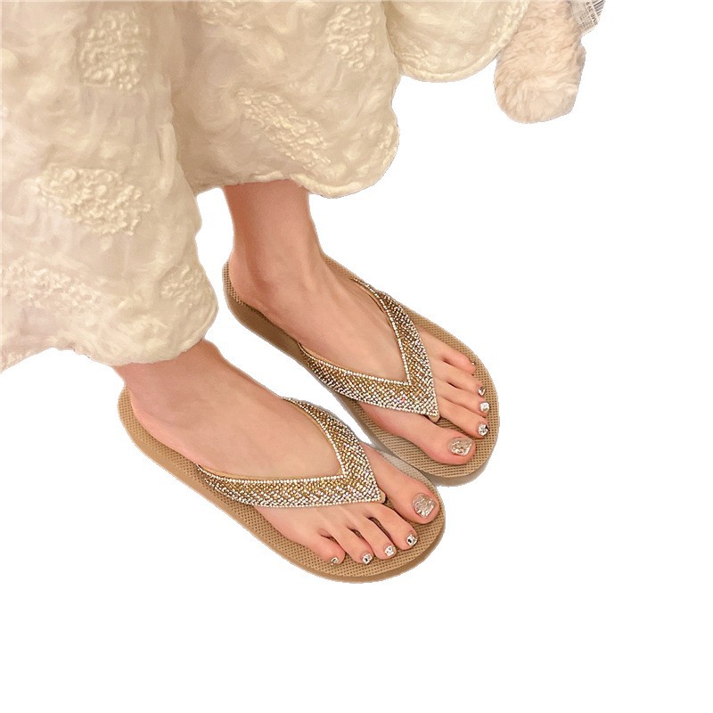 Top Quality Women's Outdoor High-Heeled Sandals, Mid-Heel Flip-Flops, Shallow Fairy-Style Square-Toed Rhinestone Simple Design 2026_voghion.com