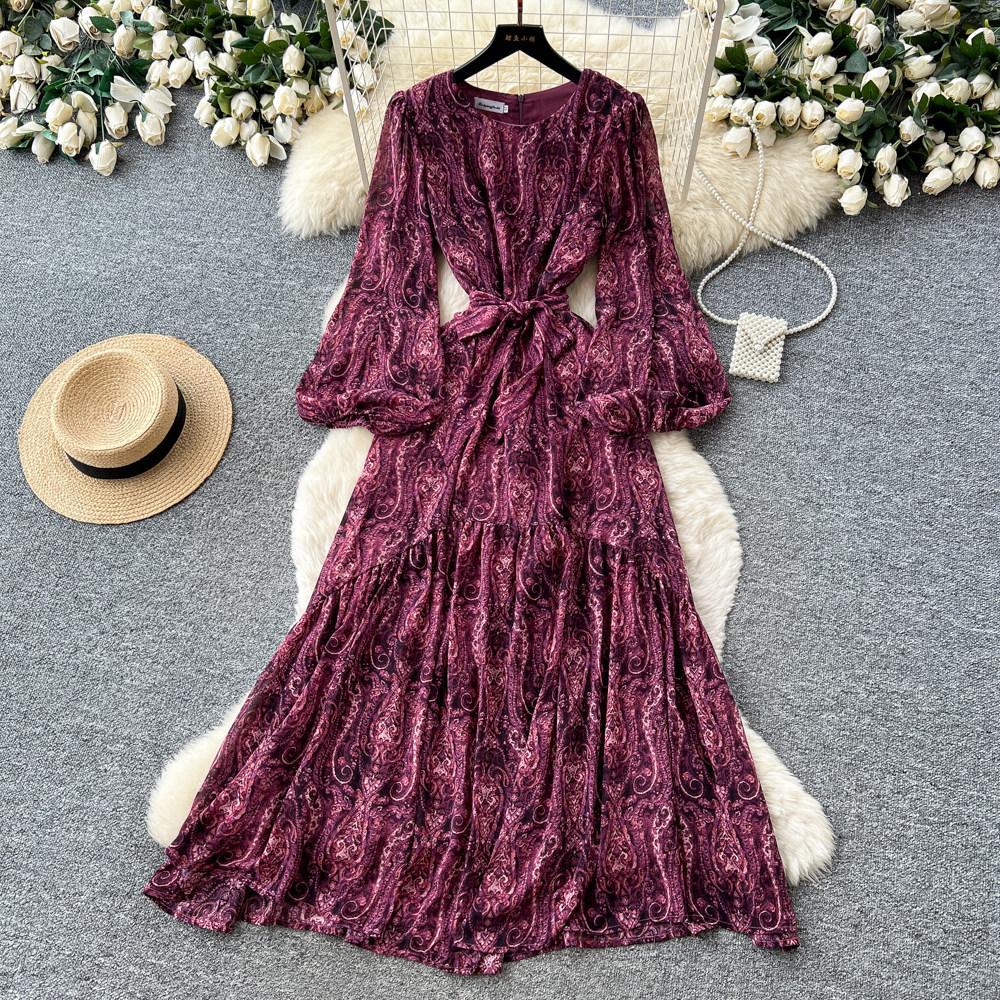 Women's French Style Loose Fitting Dress with Long Sleeves Tie Waist A-Line Long Skirt Slimming Elegant Spring Autumn Dress_ecoleips.com