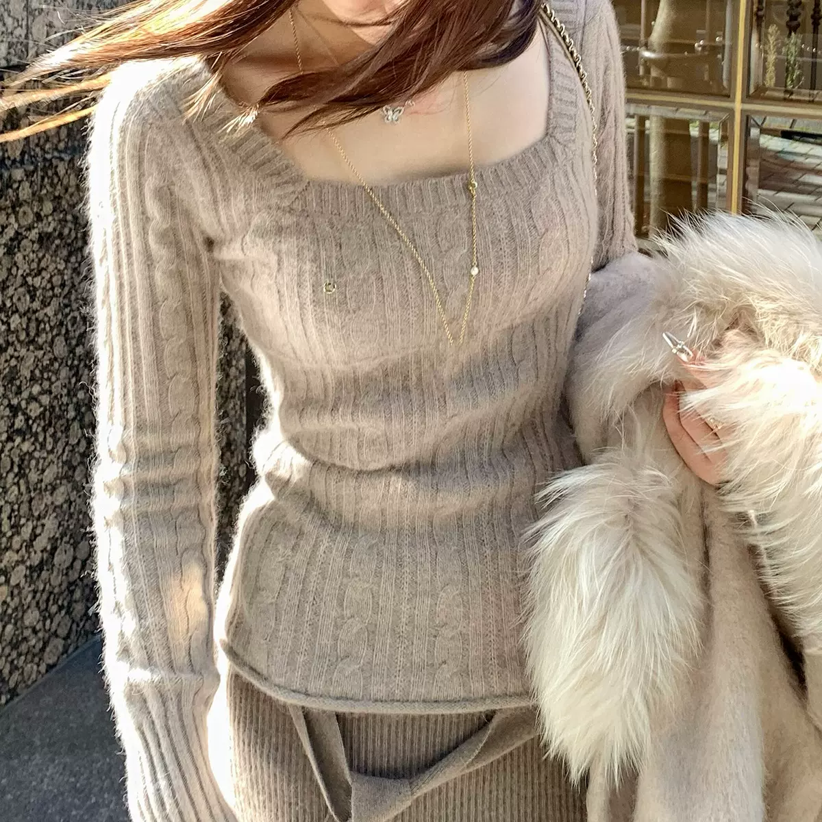 东京贵女 绒绒doll感方领毛衣日系修身内搭针织衫女麻花毛衣冬款