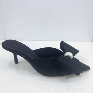 ZA2024 Autumn New Women's Shoes Faux Pearl and Black Satin Bow Pointed Heel Toe Slippers