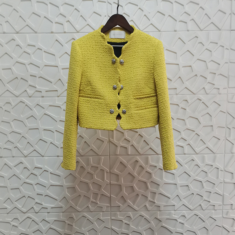 2024 autumn and winter new yellow tweed short top women's small cardigan socialite temperament small fragrant style coat