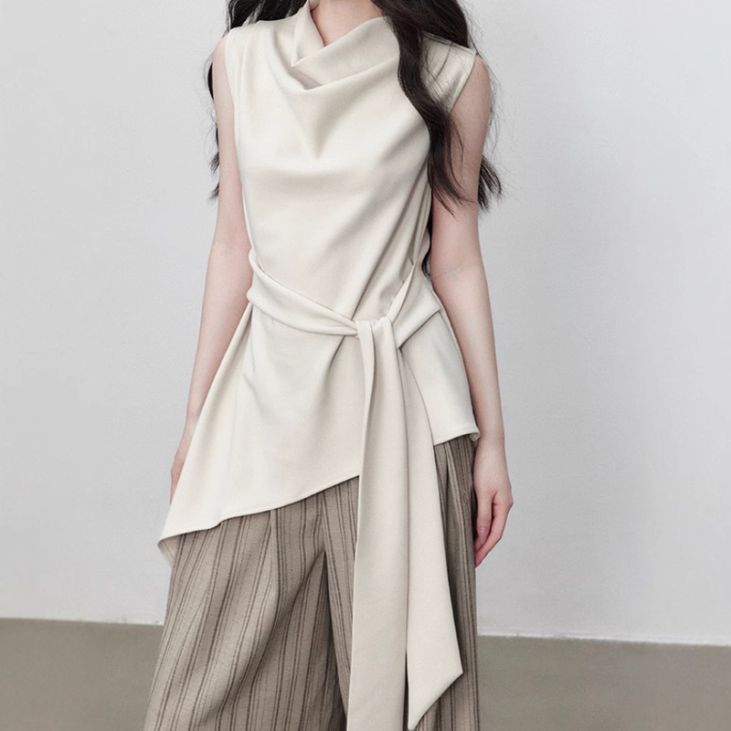 High-Quality Sleeveless Top, New Summer Style, Lace-Up Waist Design, Elegant Off-White T-Shirt for Women + Stripesd Pants