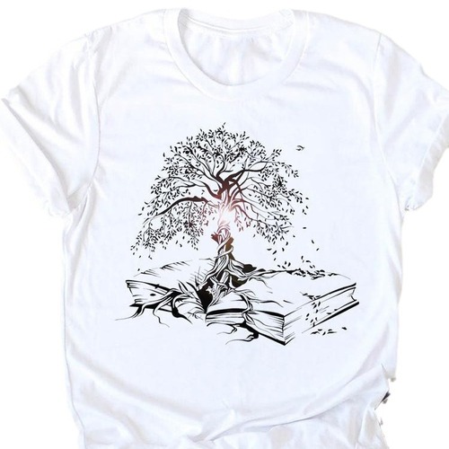 T-shirt Book Retro 90s Cute Casual Women's Printed Trendy Brand Top Crew Neck Loose