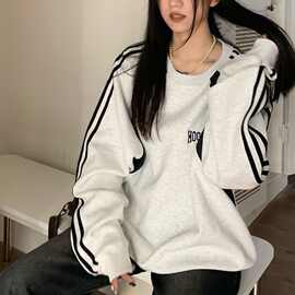 复古撞色拼接三条杠无帽卫衣女学生春秋冬宽松慵懒风套头宽松上衣