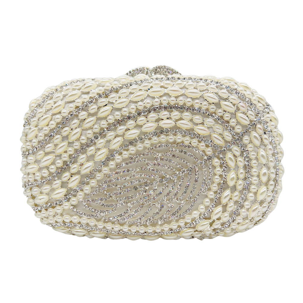 Túi clutch dạ tiệc đính kim cương rỗng lá phong cách mới — Màu trắng, Ngọc trai bạc, Bạc pha lê trắng, Màu sâm panh