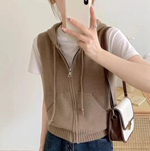 早秋抽绳叠穿坎肩针织帽衫马夹时尚气质百搭针织连帽马甲女开衫女