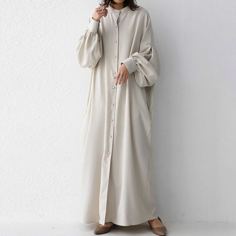 Japanese and Korean Style Ins Simple Single-breasted Lantern Sleeve Long Simple Women's Dress for Positive and Reverse Wear Slimming Loose Plain dress