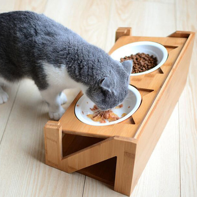 [竹制宠物碗狗碗架可调节防颈椎猫碗架宠物餐桌双食盆宠物喂食器]