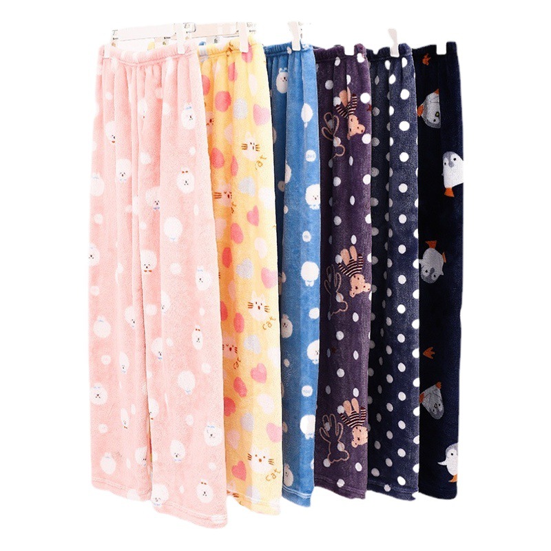 Pantalones de pijama para mujer de otoño e invierno, pantalones largos de franela, ropa de estar de forro polar coral, venta al por mayor de una sola pieza, ropa de casa cálida y dulce.
