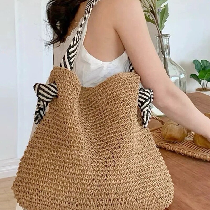 Korean-Style Ins Navy Vacation Style Woven Bag, Striped Straw Bag, Large Capacity Versatile Casual Vacation Tote Bag Korean-Style Ins Navy Vacation Style Woven Bag, Striped Straw Bag, Large Capacity Versatile Casual Vacation Tote Bag
