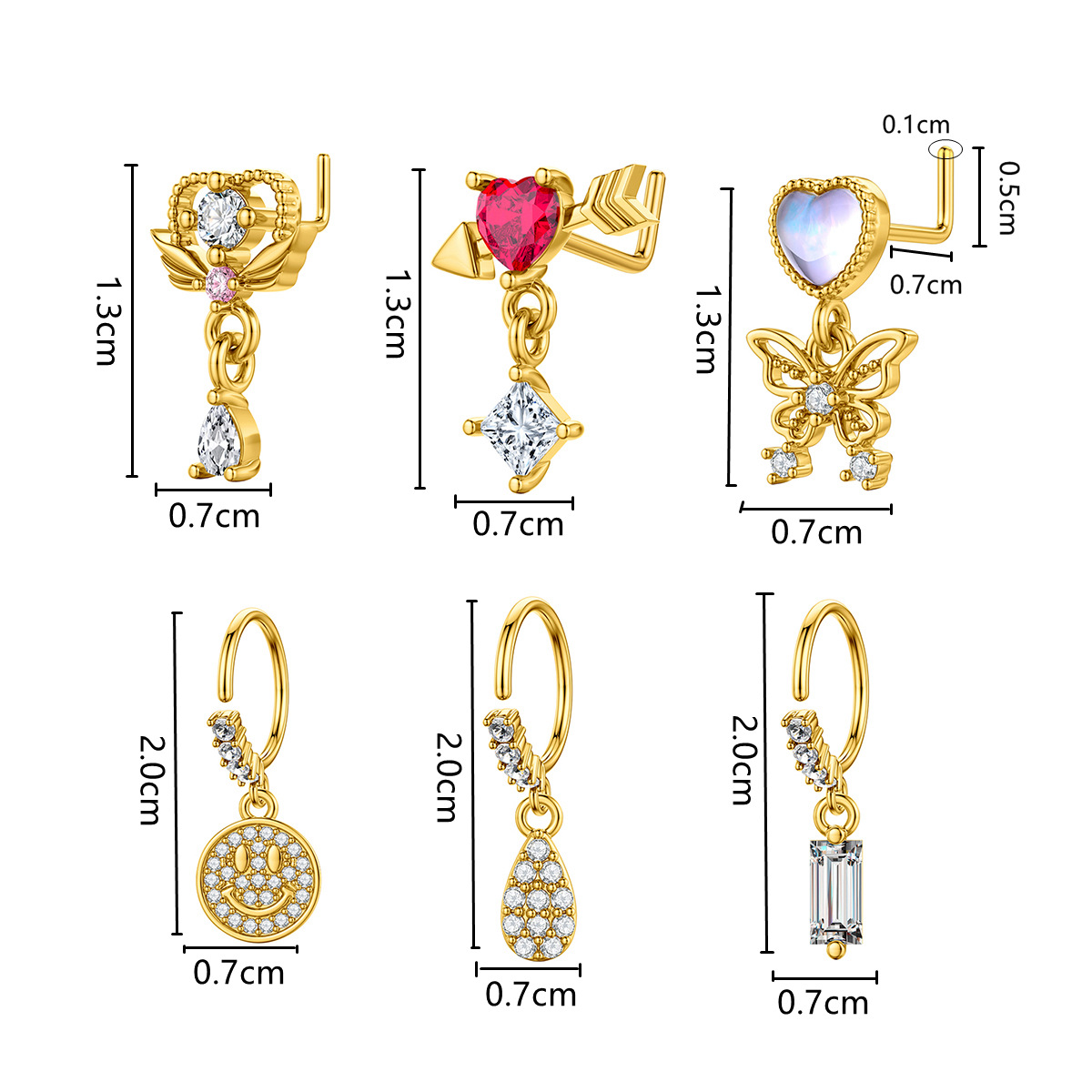 7g Weight Zircon Inlay Material Nose studs Classification Nose Rings & Studs Piercing Type 1 Piece Quantity Holiday, Street Occasion Copper Material Smile Face, Heart Shape, Butterfly Pattern Women's Gender Plating, Inlay Design Retro, Simple Style Style 1 Piece Nose Rings & Studs Retro Simple Style Smile Face Heart Shape Butterfly Copper Plating Inlay Zircon Nose Rings & Studs Nose Pin 无