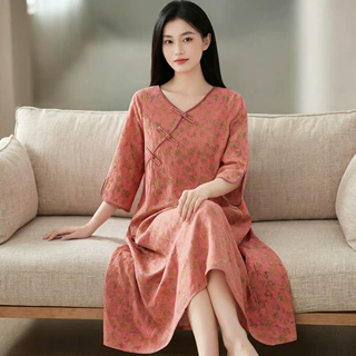 春夏季色织提花全棉睡裙女国风斜襟中长款盘扣七分袖家居裙可外穿