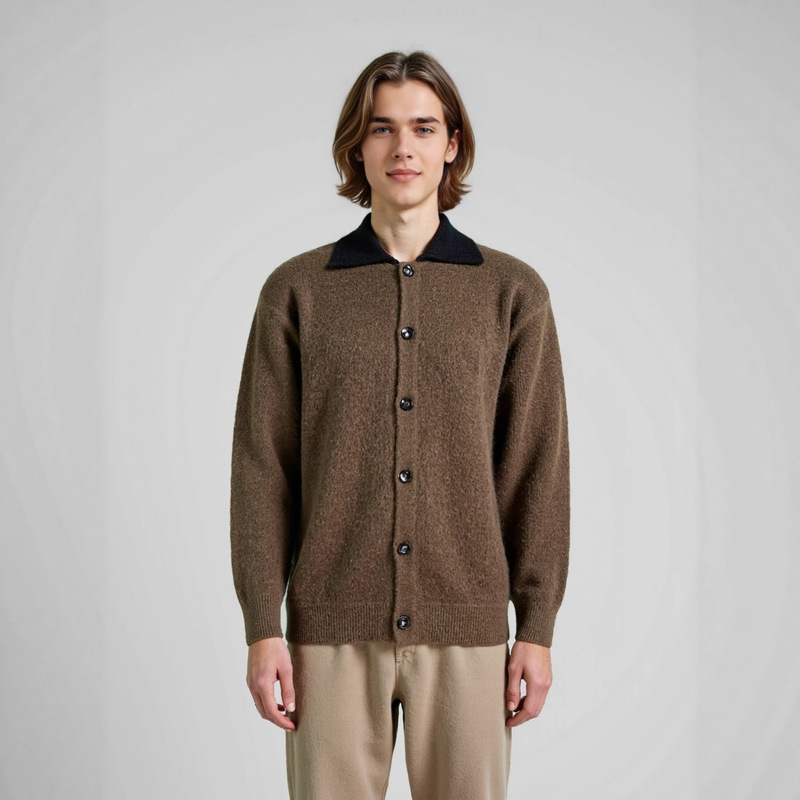 Mohair Brushed Cardigan Jacket Men's Autumn and Winter New Style Lapel Contrast Color Heavy Thickeneded Knitted Cardigan Top