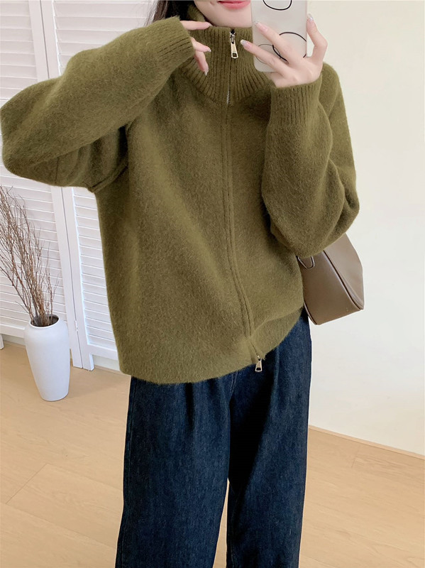 韩版2025年秋冬新款毛衣外套女简约宽松立领拉链毛针织开衫上衣女|undefined
