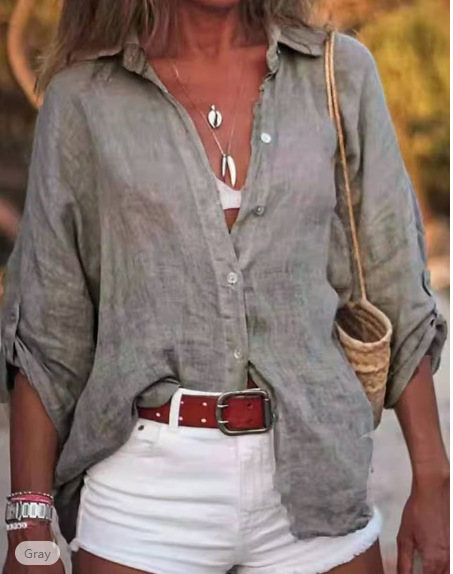 European and American Cross-border Foreign Trade Amazon Independent Station New Women's Cotton and Linen Solid Color All-match Loose Seven-point Sleeve Shirt