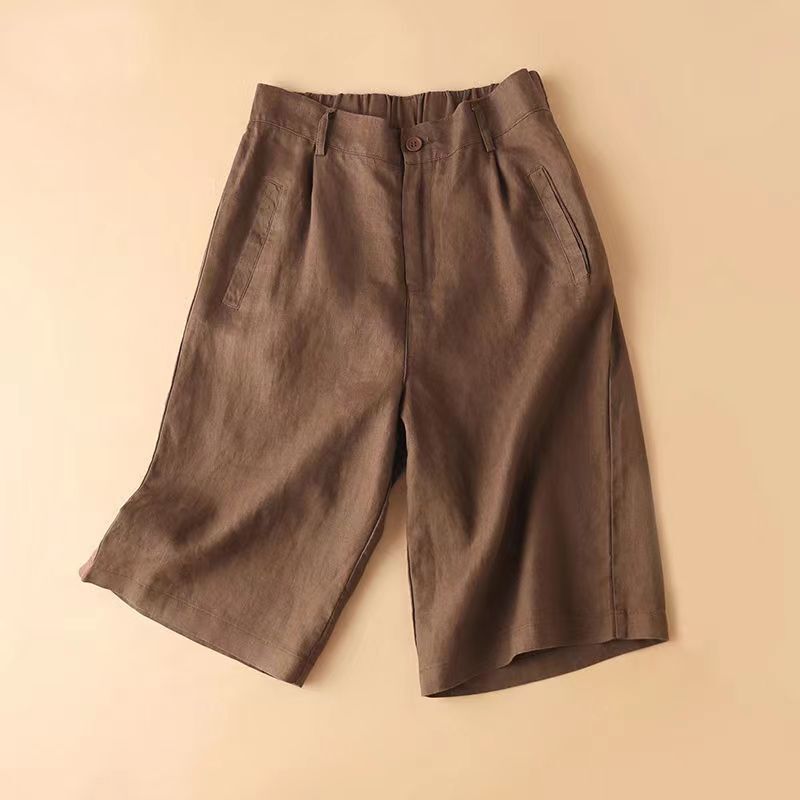 Cotton Linen Shorts Women's Summer Loose Thin Breathable Elastomer High Waist Wide Leg Pants All-match Slimming Over-the-knee Casual Pants