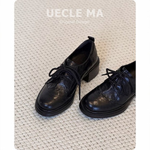 牛皮版~厚底小皮鞋女英伦风系带单鞋黑色高跟鞋粗跟学院风乐福鞋