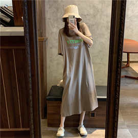 H23160开叉t恤连衣裙女夏字母短袖宽松慵懒风松弛感休闲懒人