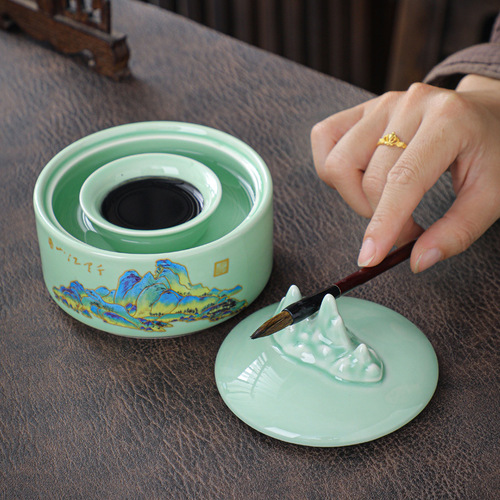 Wholesale ceramic non-drying ink pool multi-functional hot pot ink inkstone with lid ink bowl millstone four treasures of study calligraphy supplies