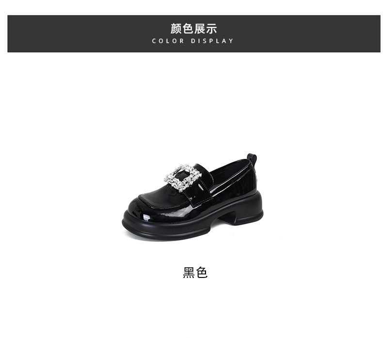 Giày lười nữ đế dày da bóng khóa vuông đính đá, gót thô 3-5 cm — Màu đen chi tiết 5