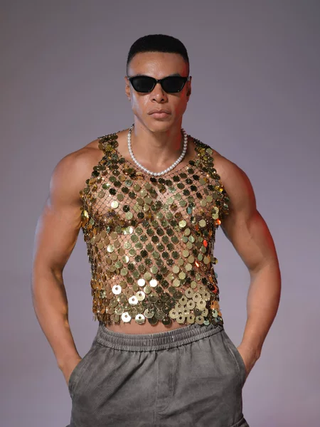 European and American Cross-Border Flash Diamond Sexy Men's Hollow Vest Top Rhinestone See-Through Nightclub Party Fishnet Sequin Vest