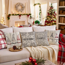 亚马逊2025圣诞节印花抱枕套涤纶家居沙发装饰靠枕节日氛围靠垫