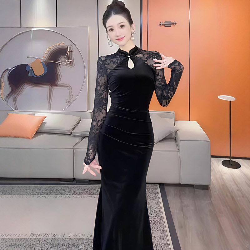 2025 New Autum and Winter High-End Mesh Jacquard Improved Cheongsam Women's Autum and Winter New Chinoiserie Velvet Dress