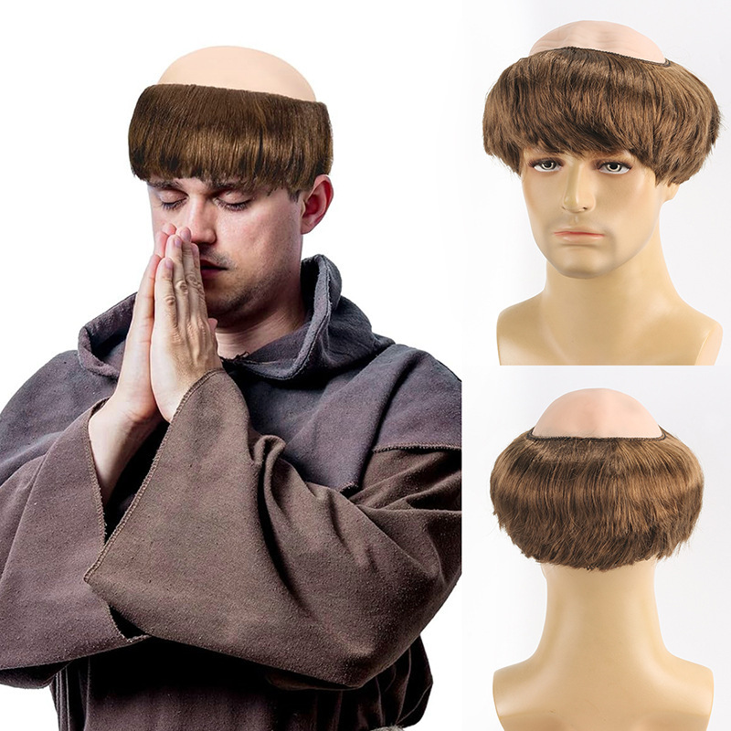 Halloween Bald Wig Monk Wig Brown Bald Cap for Children and Adults Monk Role Wig Suitable