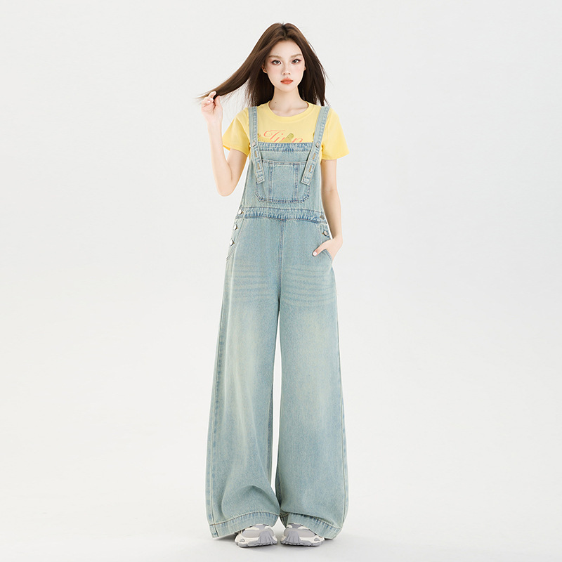 Women's Denim Overalls 2026 Summer Thin Light-Colored Cute Loose High-Waisted Straight-Leg Petite Jumpsuit Wide-Leg Pants