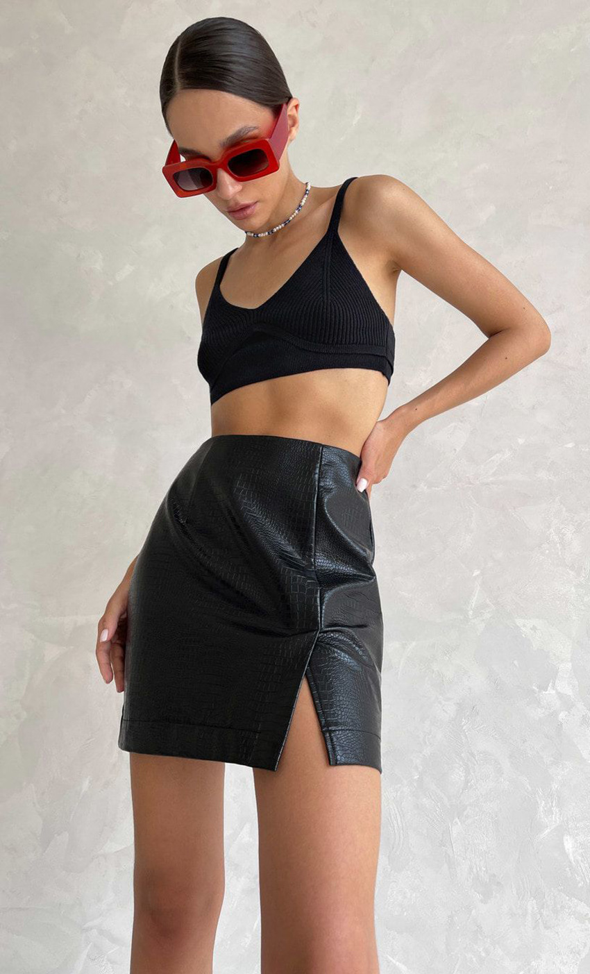 solid color PU leather slit short high waist sheath skirt NSSQS124522