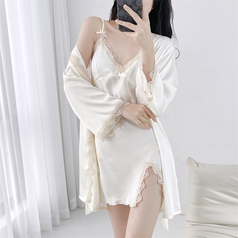 2024 Spring and Summer New Sexy Women's Nipple Pad Camisole Sleep Dress Robe Thin Ice Silk Pure Desire Style