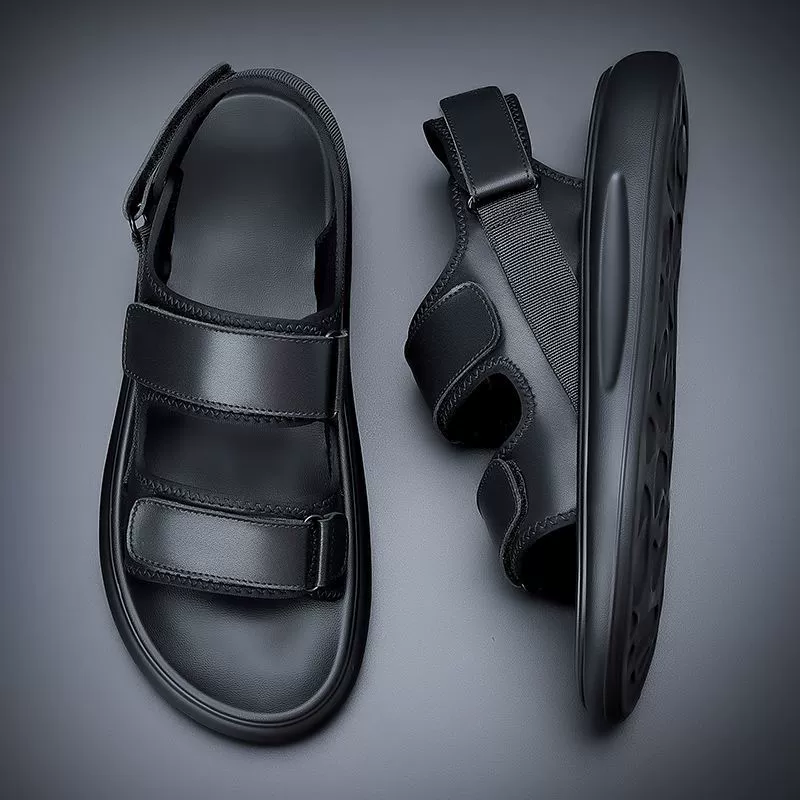 Мужские сандалии лето 2025, новые, нескользящие, чисто черные, утолщенные, антибактериальные, пляжная обувь, мужские сандалии для отдыха на природе