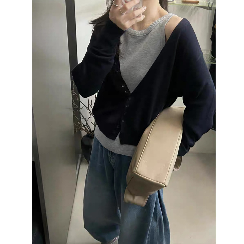 真两件韩系设计感撞色长袖上衣女早秋今年流行高级感宽松短款毛衣|undefined