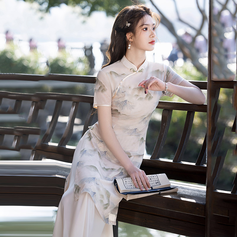 山水國風顯瘦奧黛改良旗袍2025新款女新中式復古短袖連衣裙春夏季