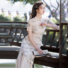 山水國風顯瘦奧黛改良旗袍2025新款女新中式復古短袖連衣裙春夏季