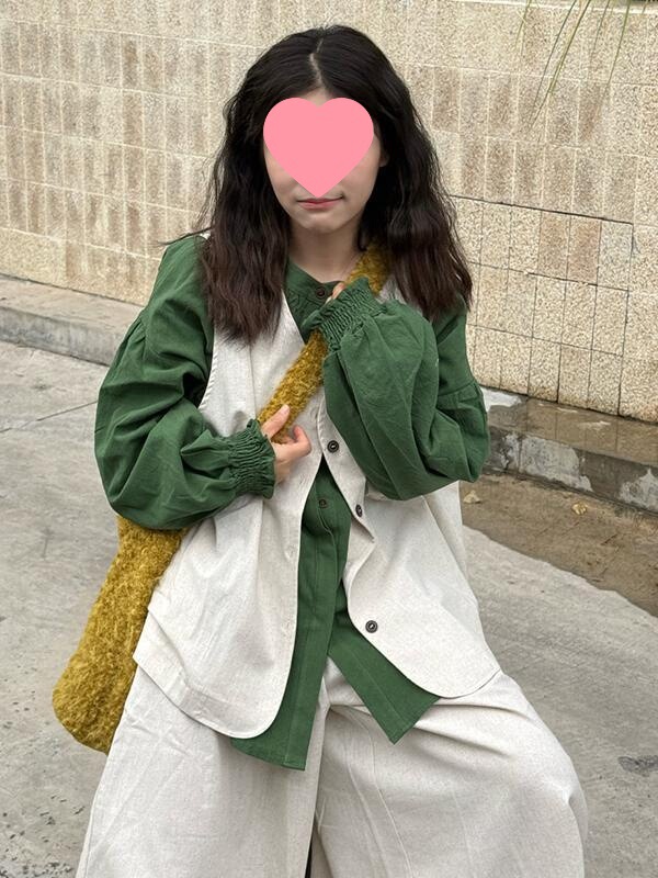 大码女装胖mm日系复古套装女绿色棉麻衬衫工装马甲阔腿裤三件套春|undefined