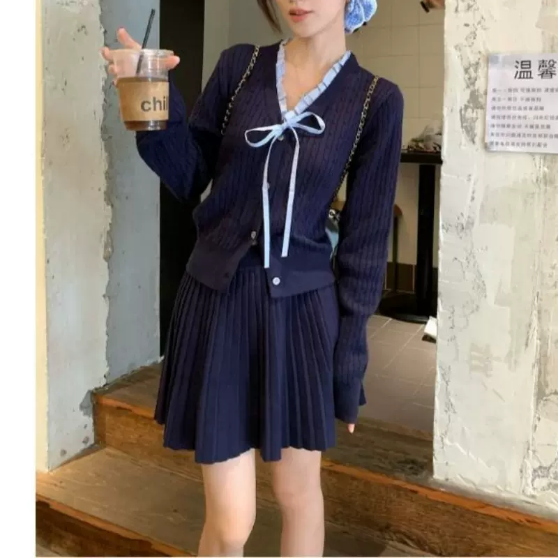 韩系学院风套装女木耳边拼接针织开衫上衣秋冬百褶裙半身裙两件套