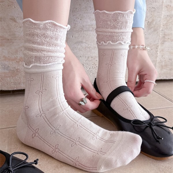 Ballet-Style Double-Layer Ruffled Socks for Women, Summer Thin Mesh Breathable Solid Color Versatile Japanese-Style Girl's Slouch Socks Ballet-Style Double-Layer Ruffled Socks for Women, Summer Thin Mesh Breathable Solid Color Versatile Japanese-Style Girl's Slouch Socks